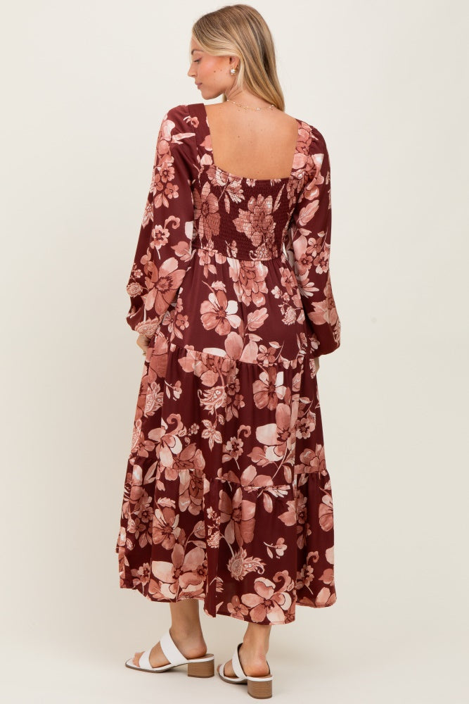 Burgundy Floral Smocked Long Sleeve Midi Dress PinkBlush Burgundy Floral Smocked Long Sleeve Midi Dress PinkBlush