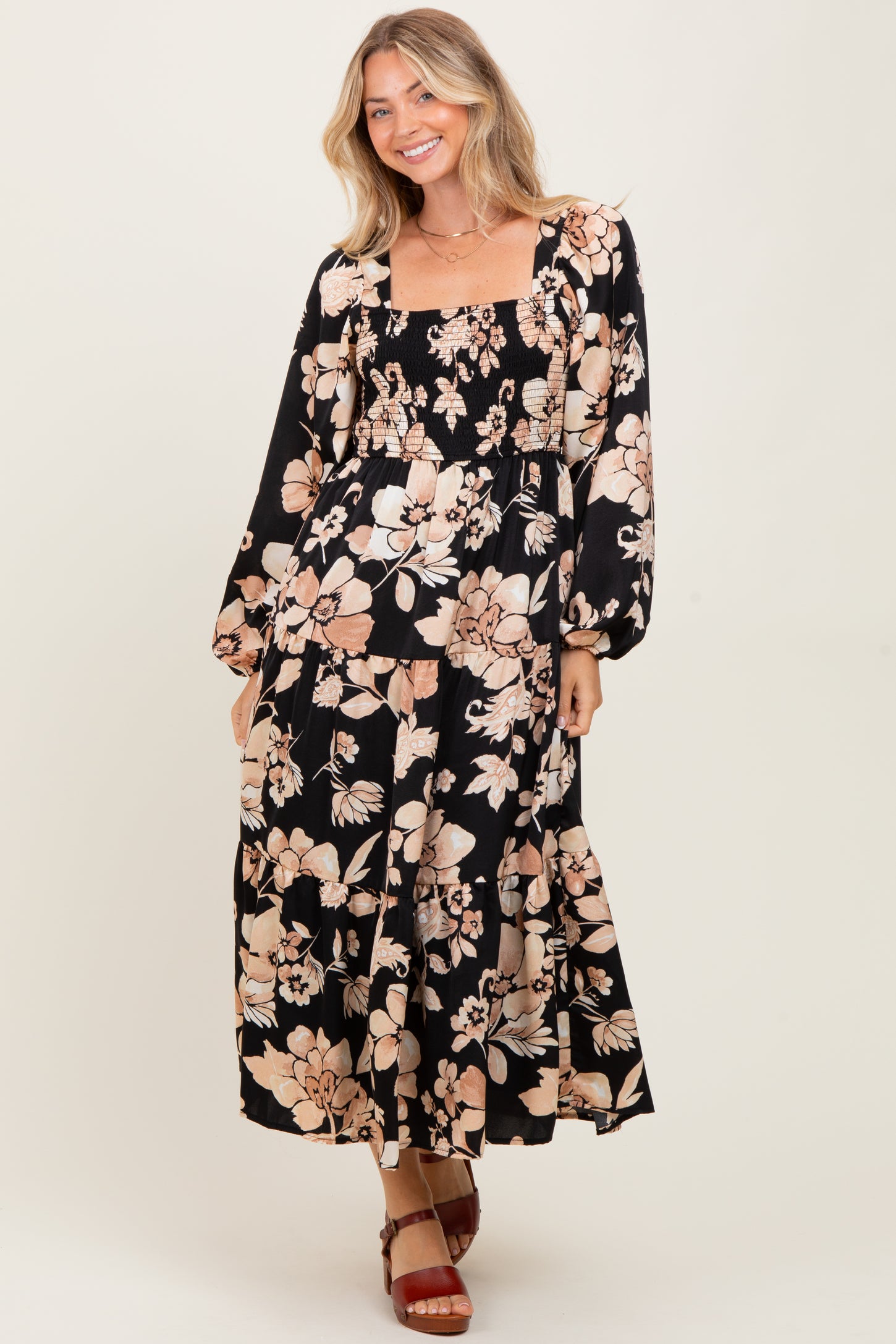 Black Floral Smocked Long Sleeve Midi Dress