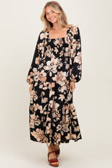 Black Floral Smocked Long Sleeve Midi Dress