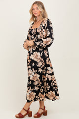 Black Floral Smocked Long Sleeve Midi Dress