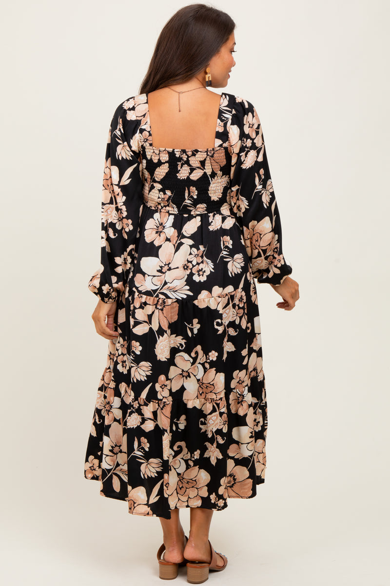 Black Floral Smocked Long Sleeve Maternity Midi Dress – PinkBlush