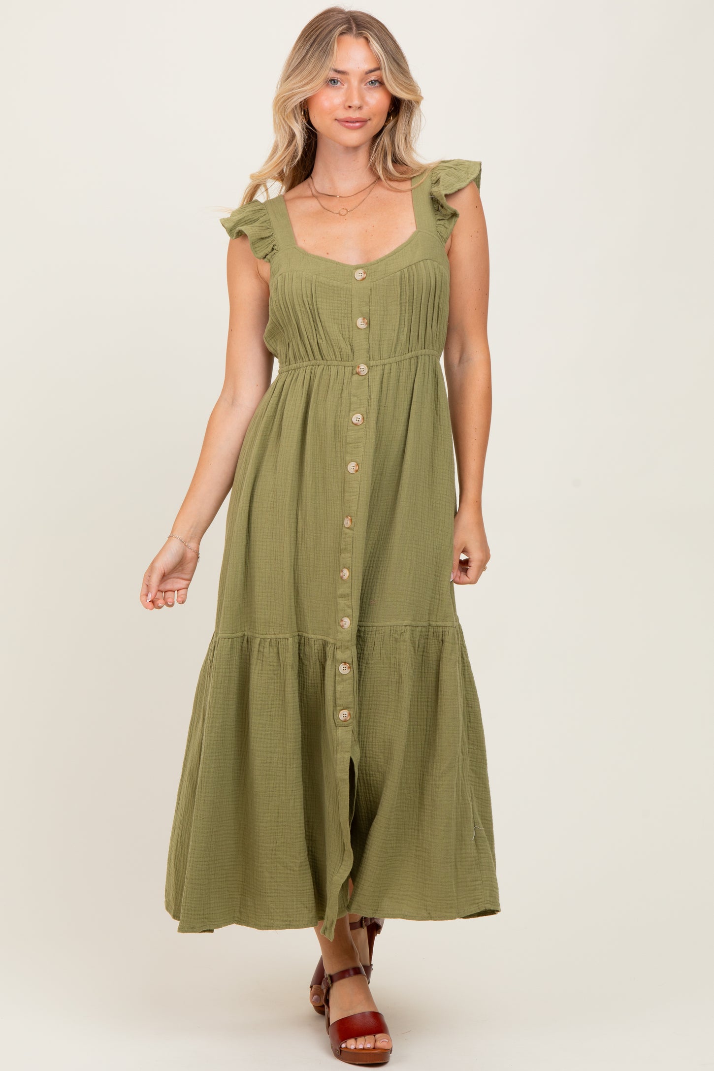 Light Olive Cotton Gauze Button Down Midi Dress – PinkBlush