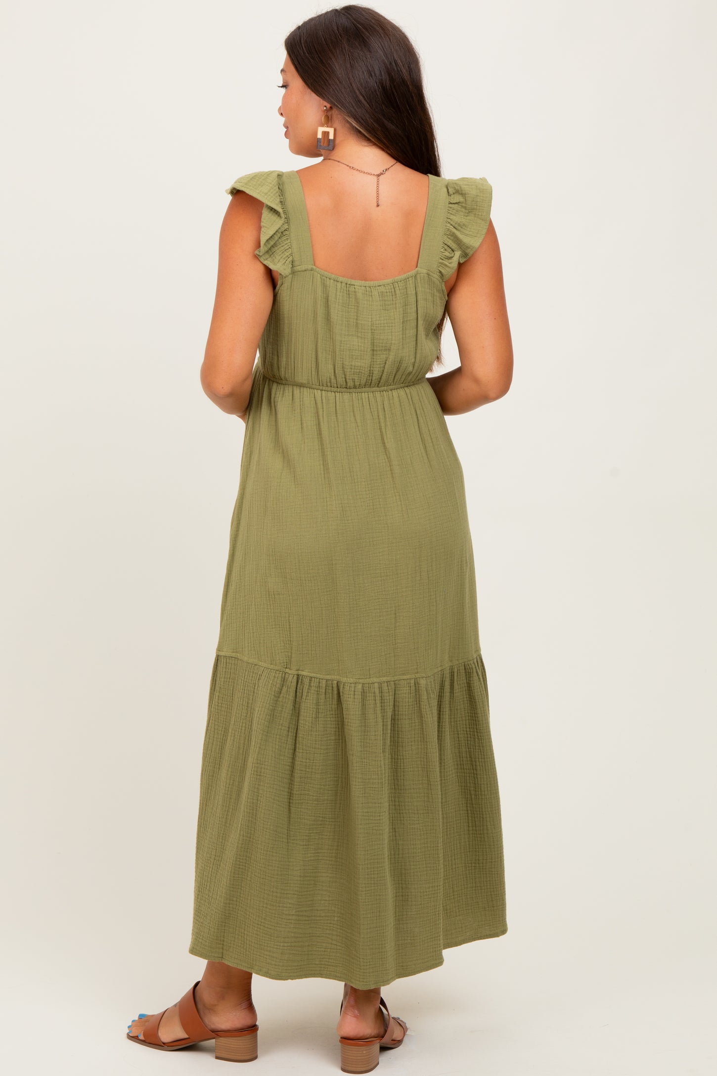 Light Olive Cotton Gauze Button Down Maternity Midi Dress PinkBlush Light Olive Cotton Gauze Button Down Maternity Midi Dress PinkBlush