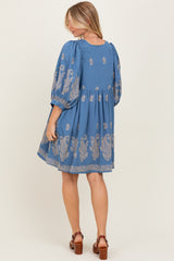 Blue Paisley Embroidered Bubble Sleeve Dress