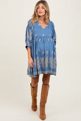 Blue Paisley Embroidered Bubble Sleeve Maternity Dress