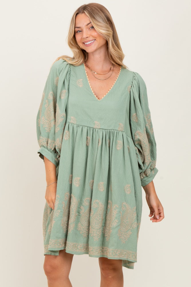 Light Olive Paisley Embroidered Bubble Sleeve Maternity Dress