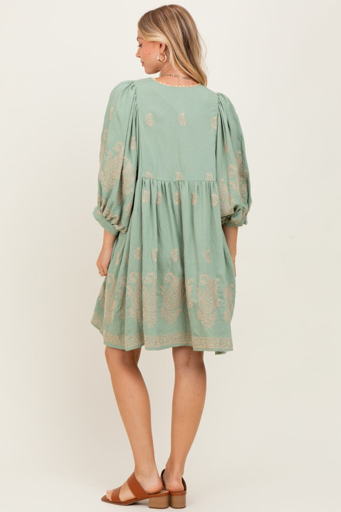 Light Olive Paisley Embroidered Bubble Sleeve Dress Light Olive Paisley Embroidered Bubble Sleeve Dress