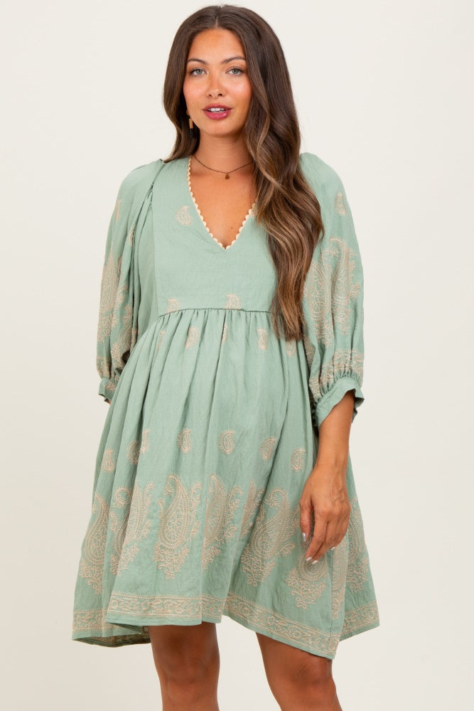 Light Olive Paisley Embroidered Bubble Sleeve Maternity Dress PinkBlush Light Olive Paisley Embroidered Bubble Sleeve Maternity Dress PinkBlush