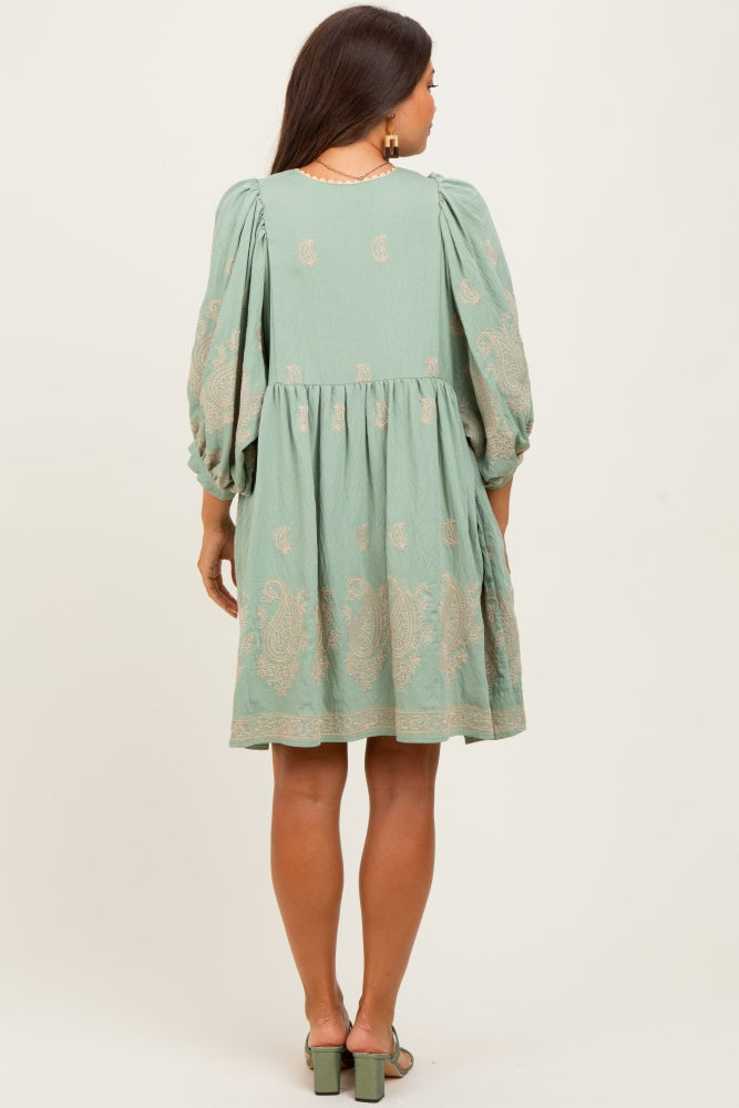 Light Olive Paisley Embroidered Bubble Sleeve Maternity Dress