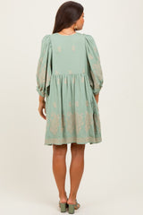 Light Olive Paisley Embroidered Bubble Sleeve Maternity Dress