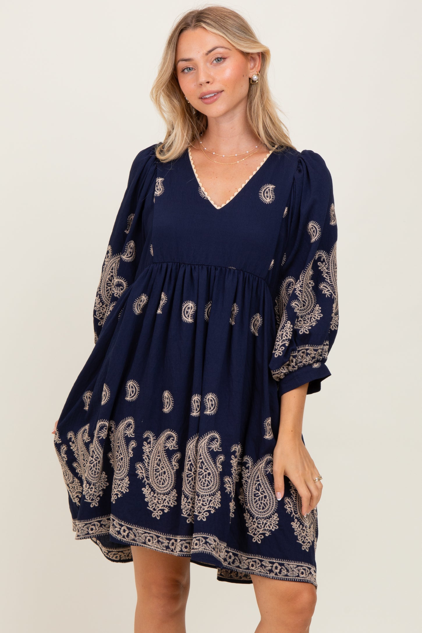 Navy Paisley Embroidered Bubble Sleeve Maternity Dress