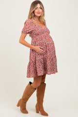 Rust Floral Tiered V-Neck Maternity Mini Dress