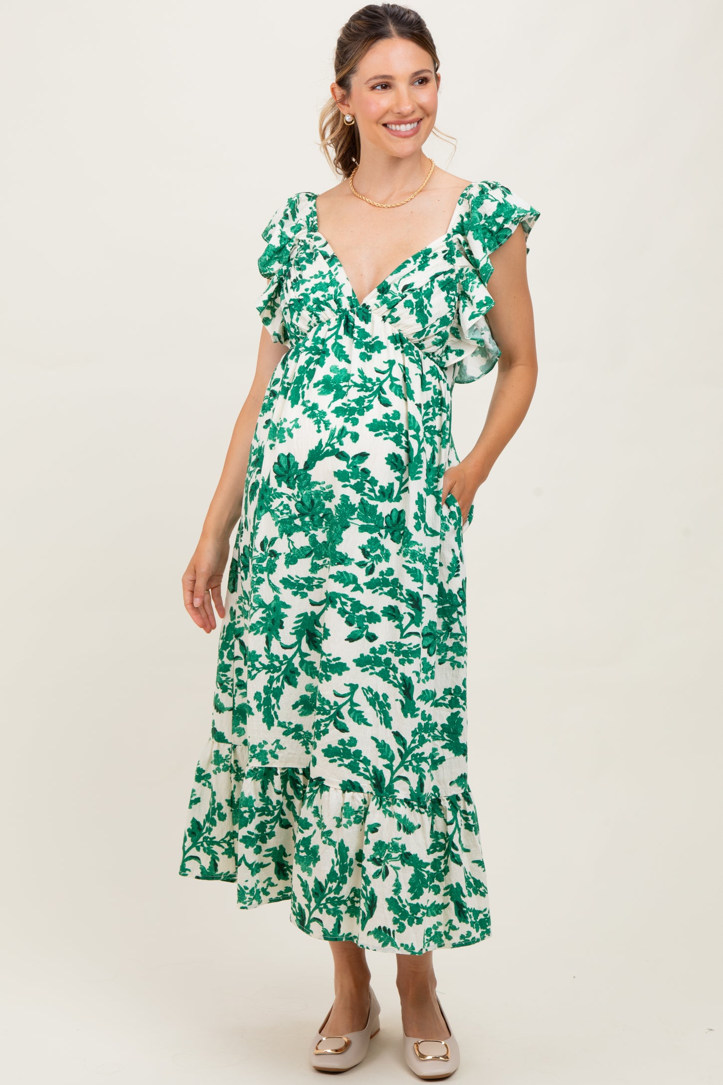 Green Floral V-Neck Flutter Sleeve Maternity Midi Dress