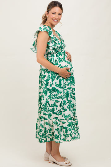 Green Floral V-Neck Flutter Sleeve Maternity Midi Dress