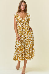Yellow Floral V-Neck Flutter Sleeve Maternity Midi Dress