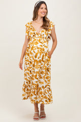 Yellow Floral V-Neck Flutter Sleeve Maternity Midi Dress