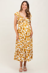 Yellow Floral V-Neck Flutter Sleeve Maternity Midi Dress