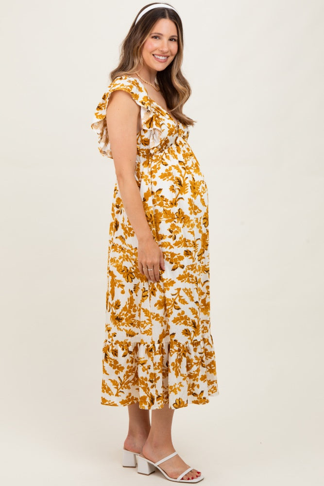Yellow Floral V-Neck Flutter Sleeve Maternity Midi Dress