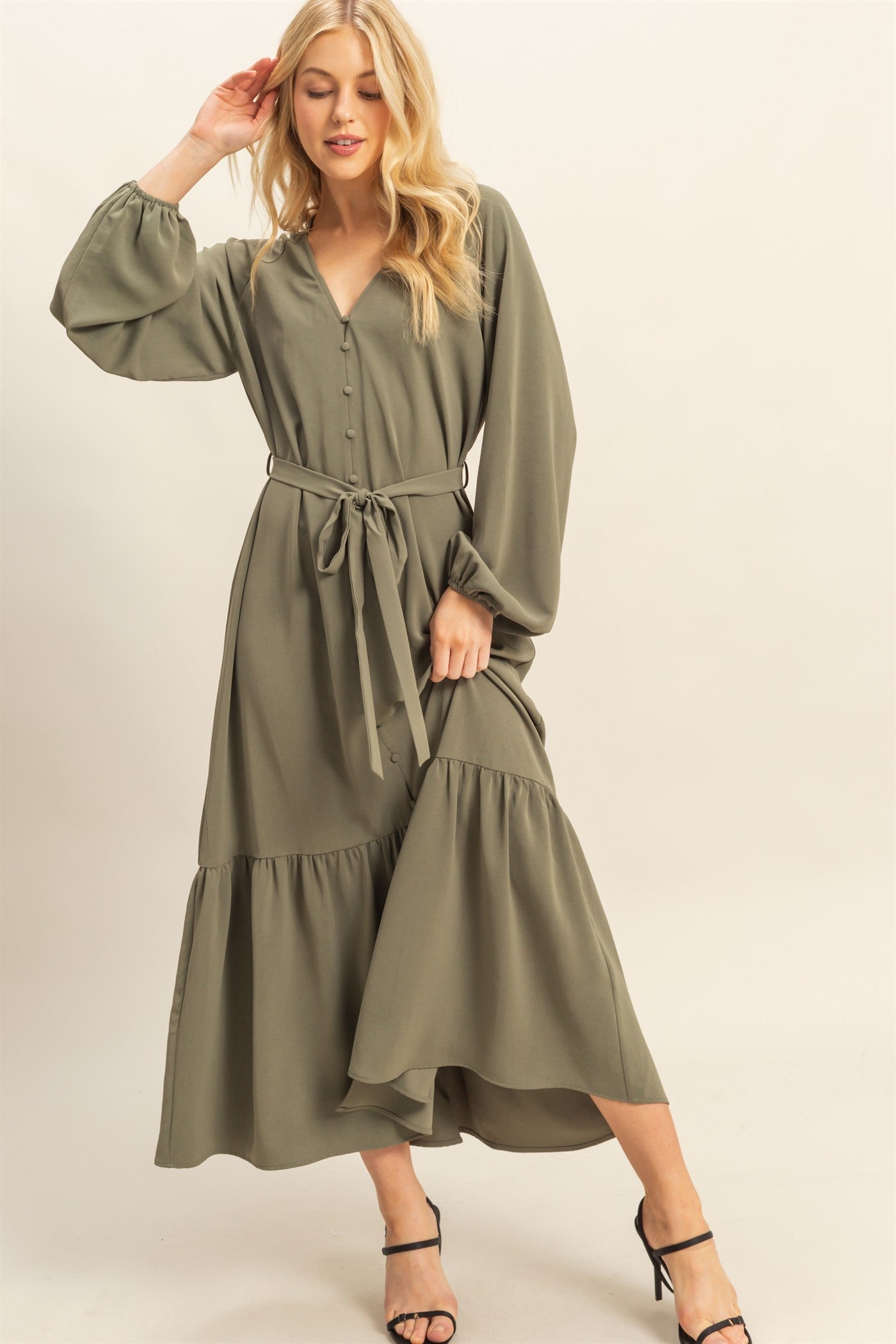 Olive Elegant Long Sleeve Waist Tie Midi Dress