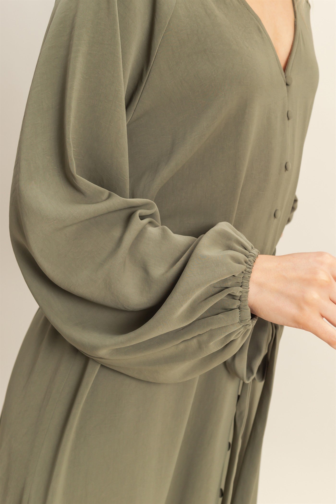 Olive Elegant Long Sleeve Waist Tie Midi Dress