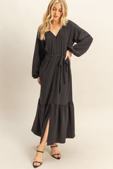 Black Elegant Long Sleeve Waist Tie Maternity Midi Dress