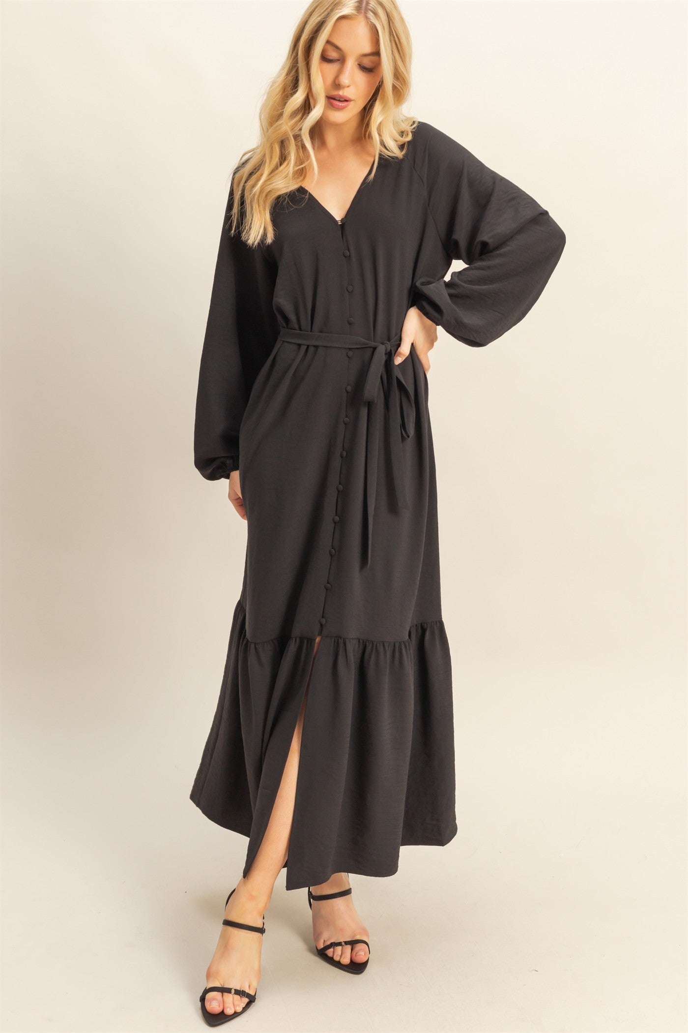 Black Elegant Long Sleeve Waist Tie Midi Dress