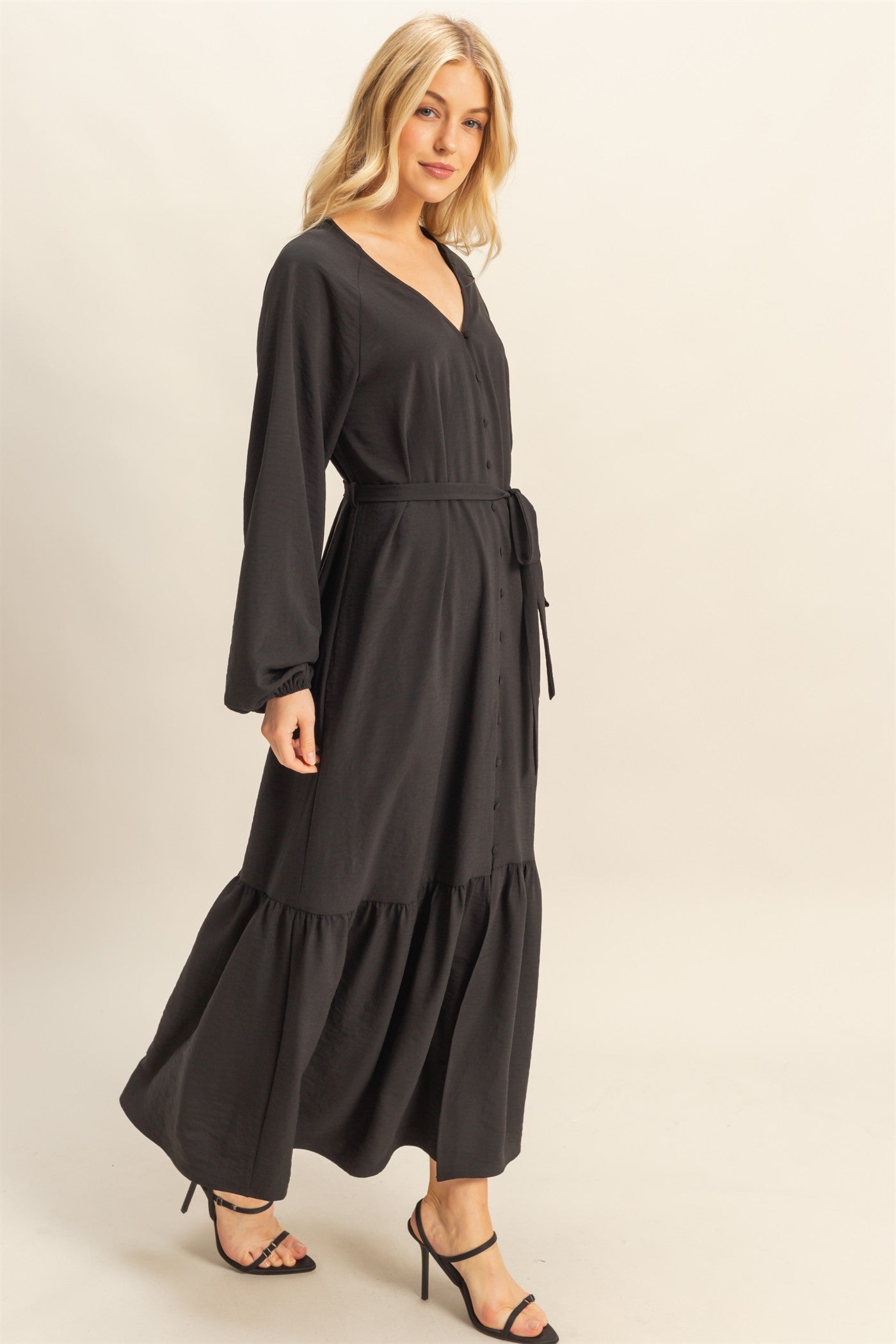Black Elegant Long Sleeve Waist Tie Midi Dress