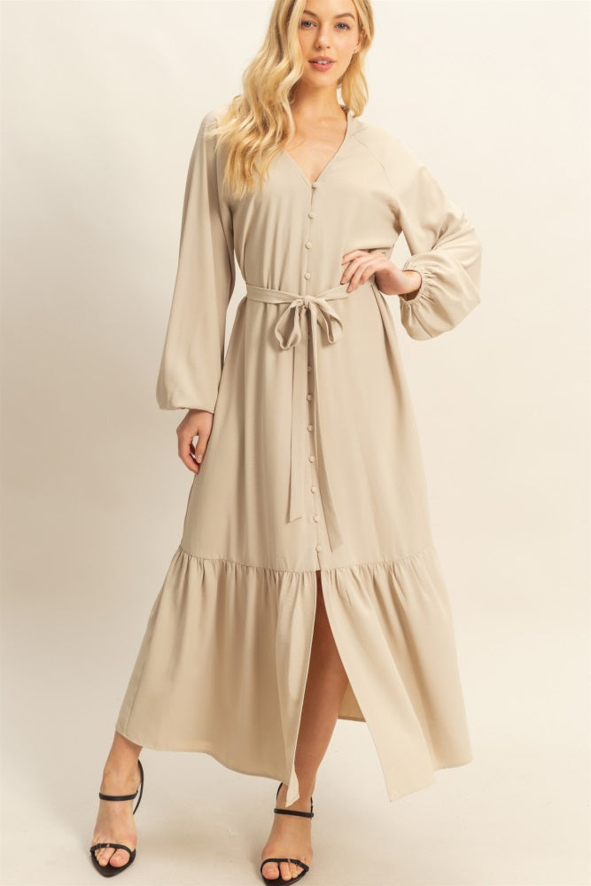 Beige Elegant Long Sleeve Waist Tie Maternity Midi Dress