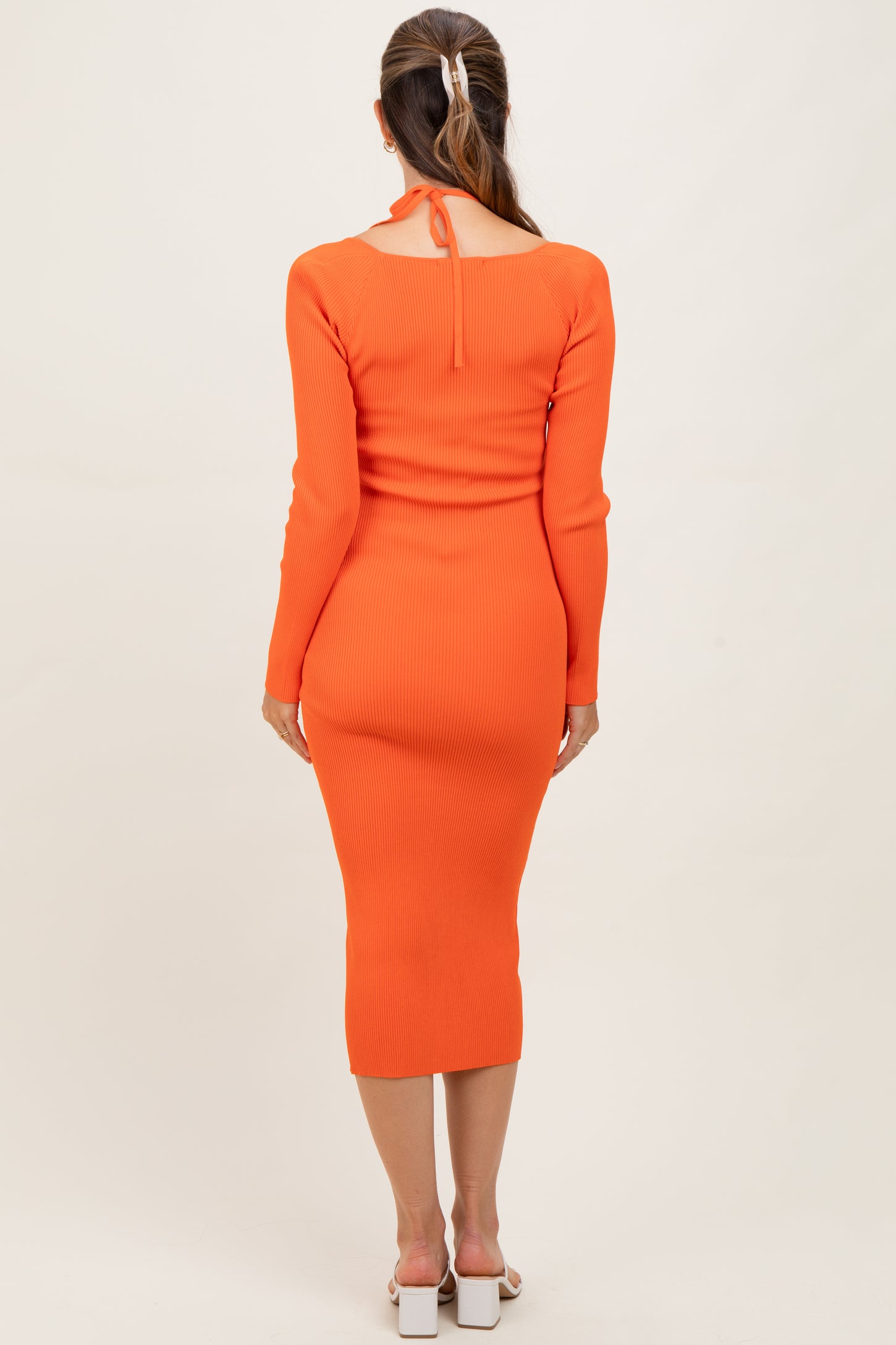 Orange Cutout Cross-Strap Knit Maternity Midi Dress