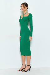 Green Cutout Cross-Strap Knit Midi Dress
