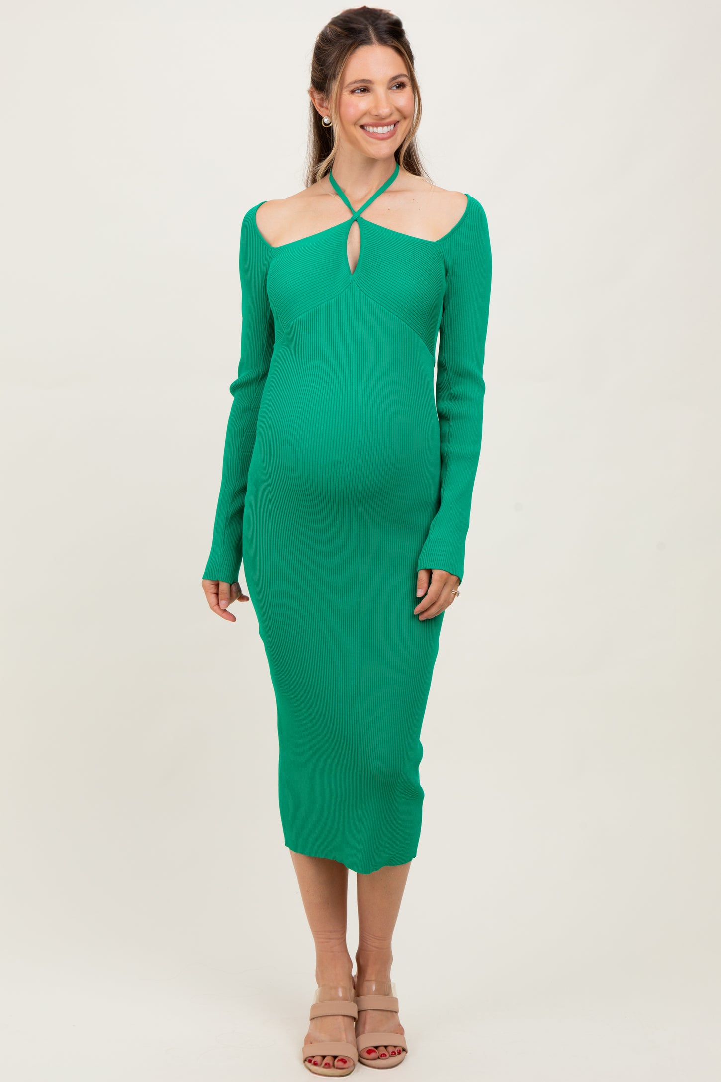 Green Cutout Cross-Strap Knit Maternity Midi Dress