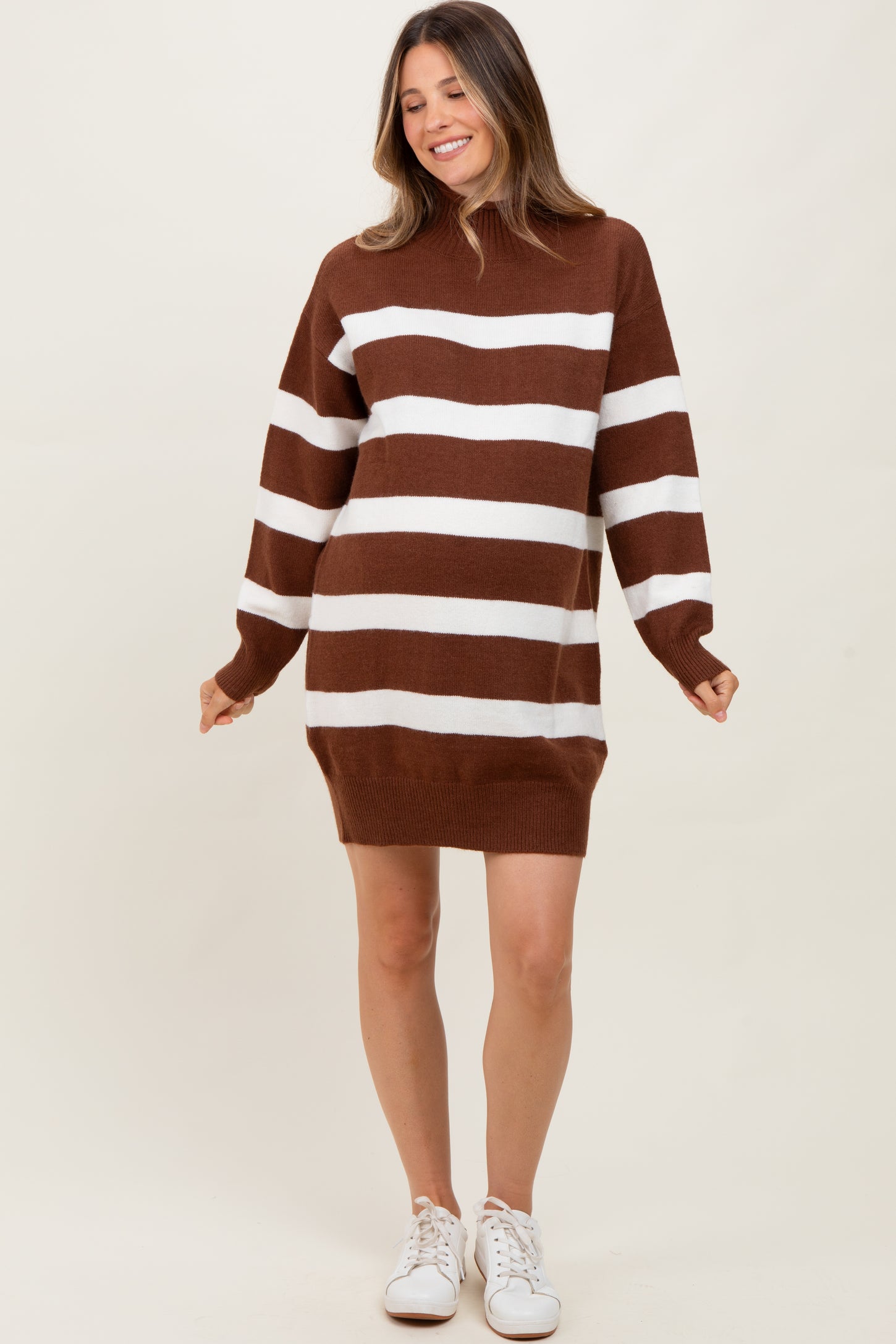 Brown Striped Knit Turtleneck Maternity Sweater Dress Brown Striped Knit Turtleneck Maternity Sweater Dress