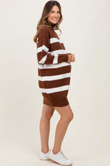 Brown Striped Knit Turtleneck Maternity Sweater Dress