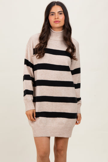 Beige Striped Knit Turtleneck Sweater Dress