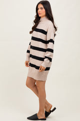 Beige Striped Knit Turtleneck Sweater Dress