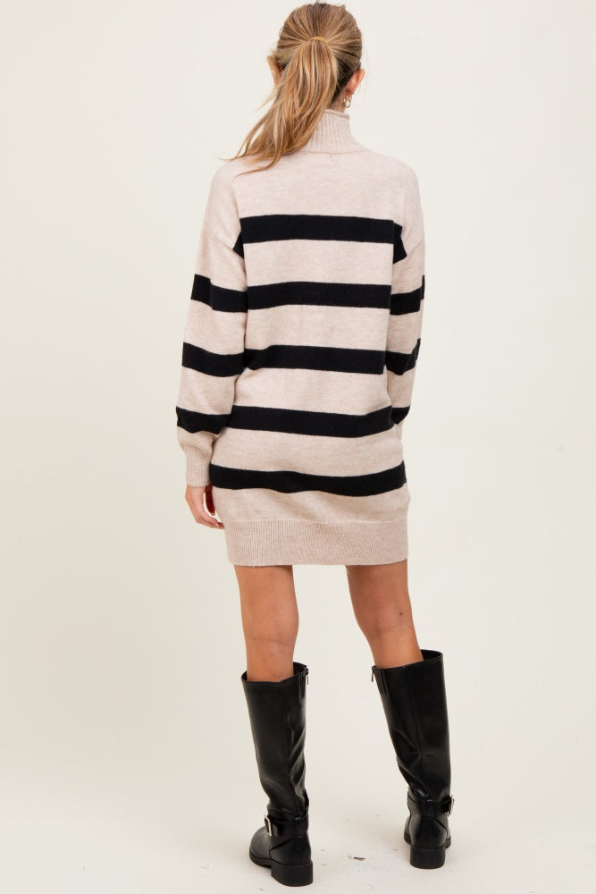 Beige Striped Knit Turtleneck Maternity Sweater Dress