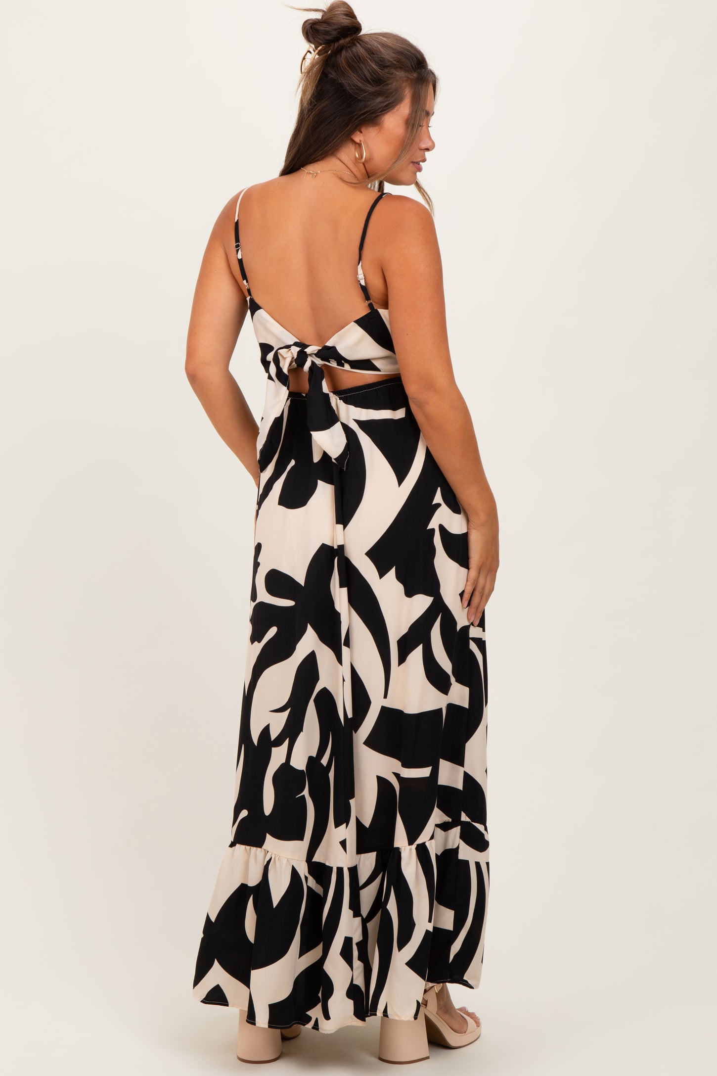 Black Printed Sleeveless Cutout Tie Back Maternity Maxi Dress