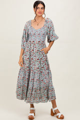 Light Blue Floral Smocked Sweetheart Neckline Maternity Midi Dress