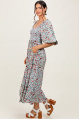 Light Blue Floral Smocked Sweetheart Neckline Midi Dress