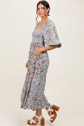 Light Blue Floral Smocked Sweetheart Neckline Midi Dress