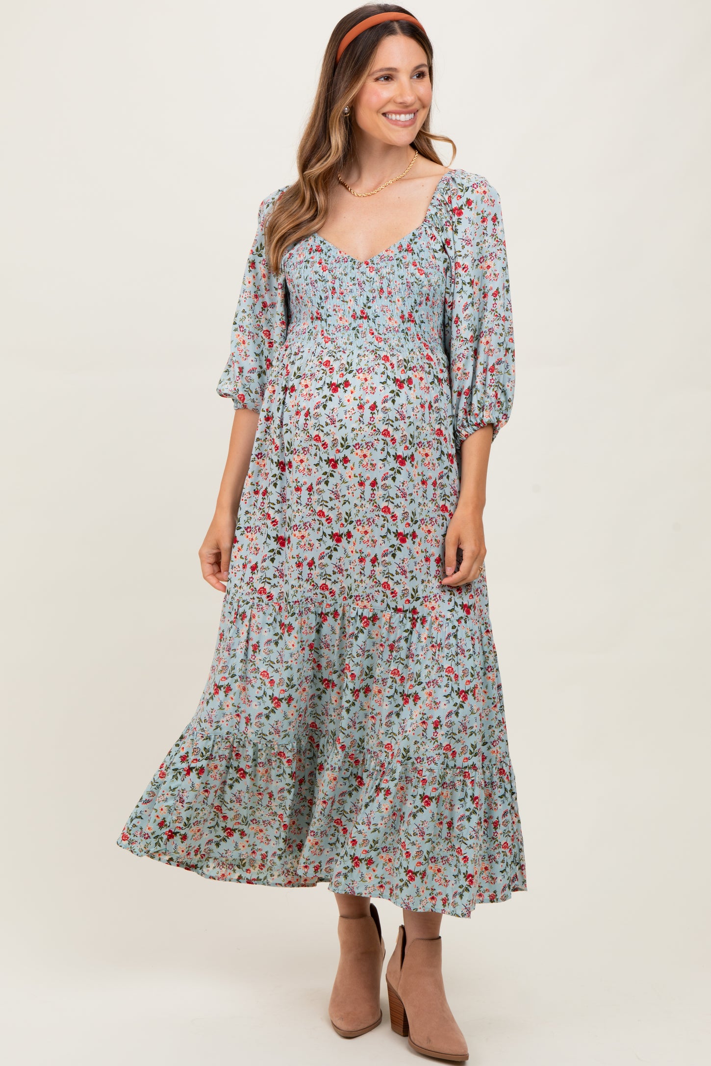 Light Blue Floral Smocked Sweetheart Neckline Maternity Midi Dress