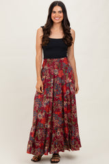 Burgundy Floral Smocked Waist Tiered Maxi Skirt