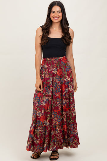 Burgundy Floral Smocked Waist Tiered Maxi Skirt