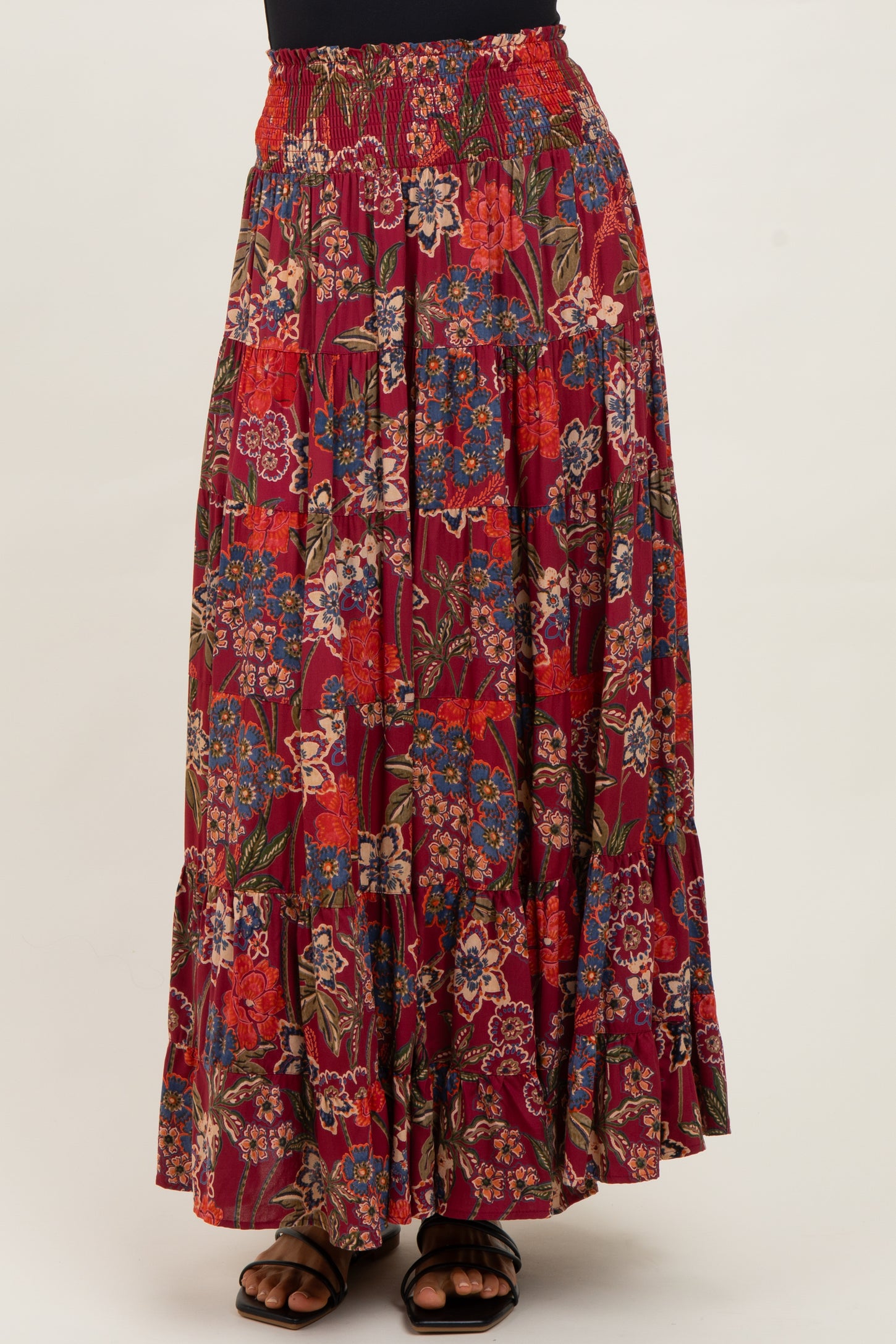 Burgundy Floral Smocked Waist Tiered Maxi Skirt
