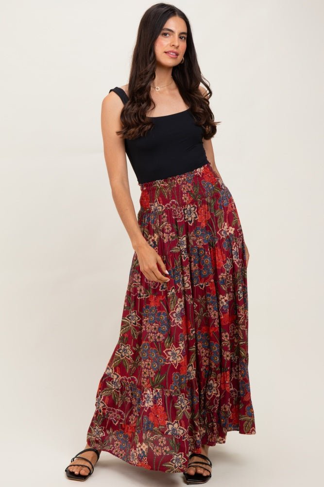 Burgundy Floral Smocked Waist Tiered Maternity Maxi Skirt