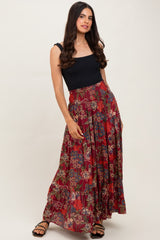 Burgundy Floral Smocked Waist Tiered Maternity Maxi Skirt