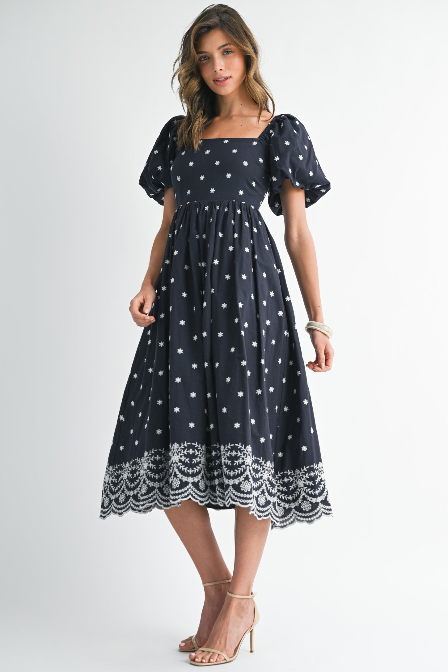 Navy Floral Embroidery Puff Sleeve Midi  Dress