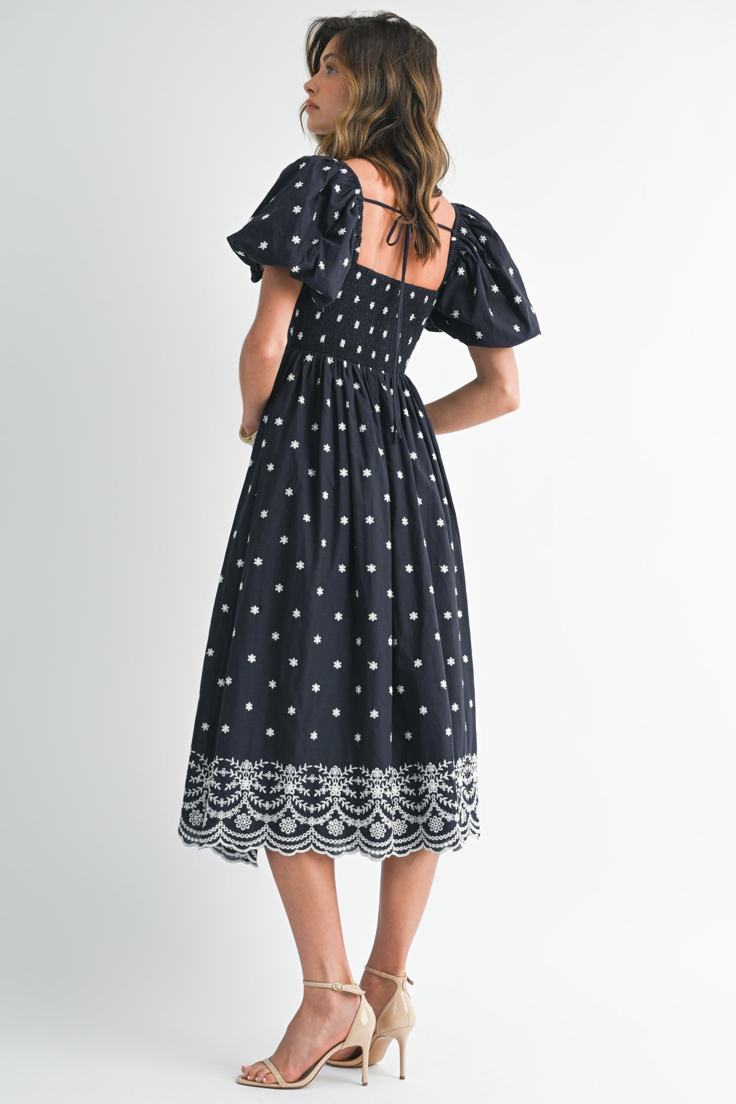 Navy Floral Embroidery Puff Sleeve Midi  Dress
