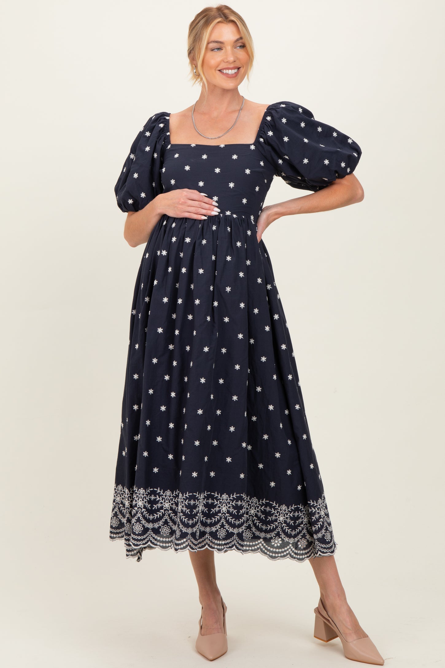 Navy Floral Embroidery Puff Sleeve Maternity Midi  Dress