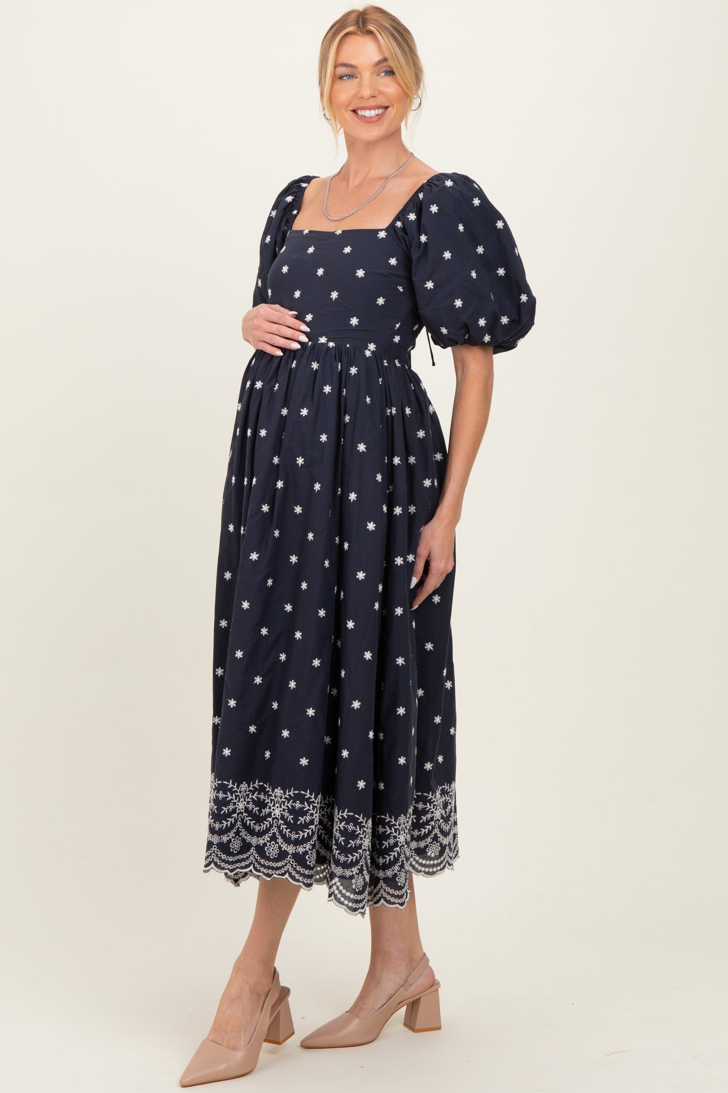 Navy Floral Embroidery Puff Sleeve Maternity Midi  Dress